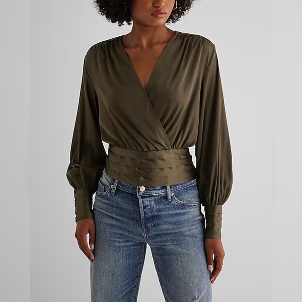 Satin Balloon Sleeve Faux Wrap Top